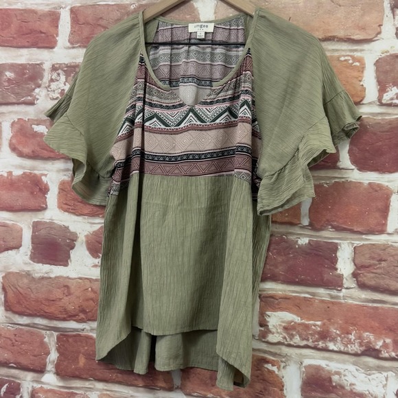 Umgee Tunic Top Women's Small Green Boho Abstract Crinkle Casual High Low Shirt - Picture 3 of 8